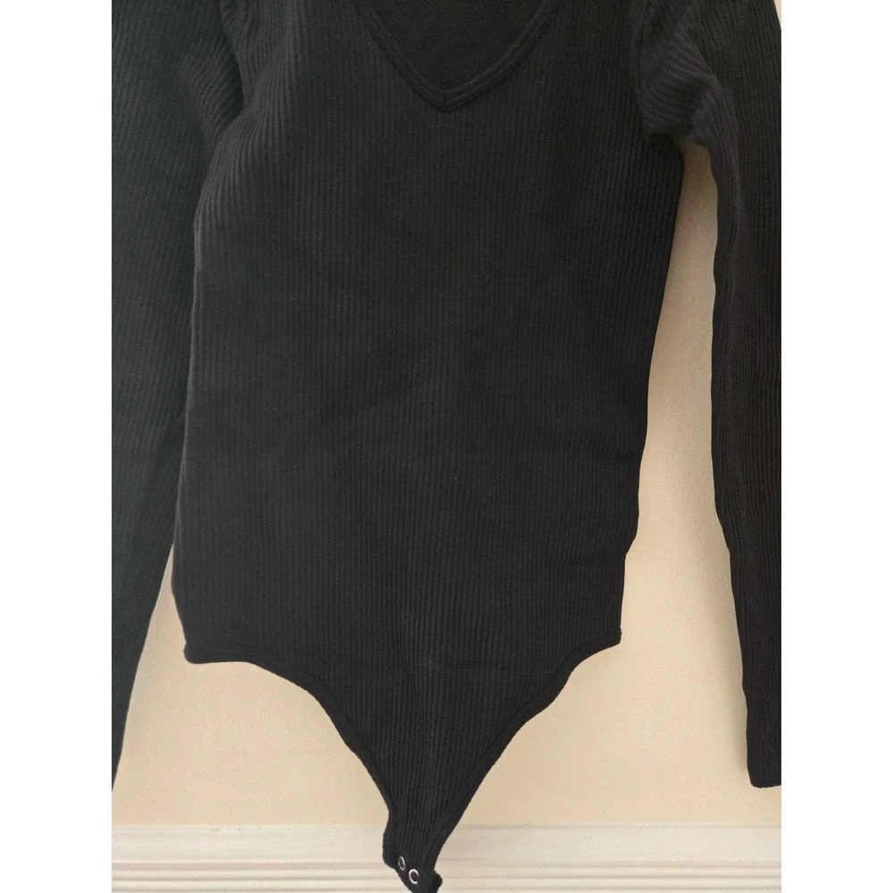 Intimately Free People Womens Black Ribbed V-Neck‎ Long Sleeve Bodysuit M/L